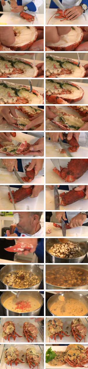 Stap voor stap foto's van een kreeft recept met kuisen van de kreeft, champignonsaus maken en alles gratineren in de oven